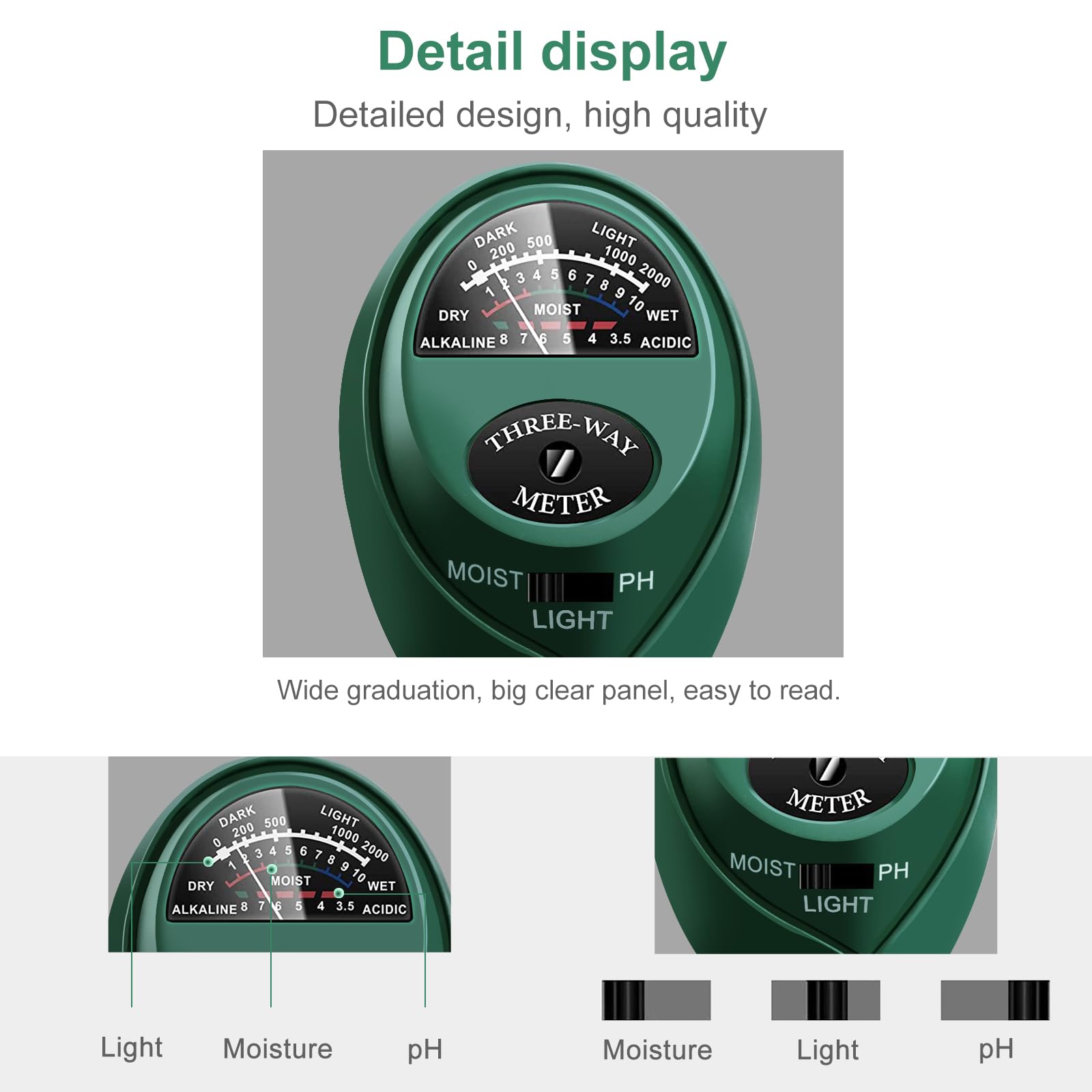 Zoiydals Soil Tester 3-in-1 – Soil Moisture Meter, Light Sensor & Soil pH Tester – No Battery Needed – Plant Moisture & Water Monitor for Garden, Lawn, Farm, Indoor/Outdoor – Promote Healthy Growth