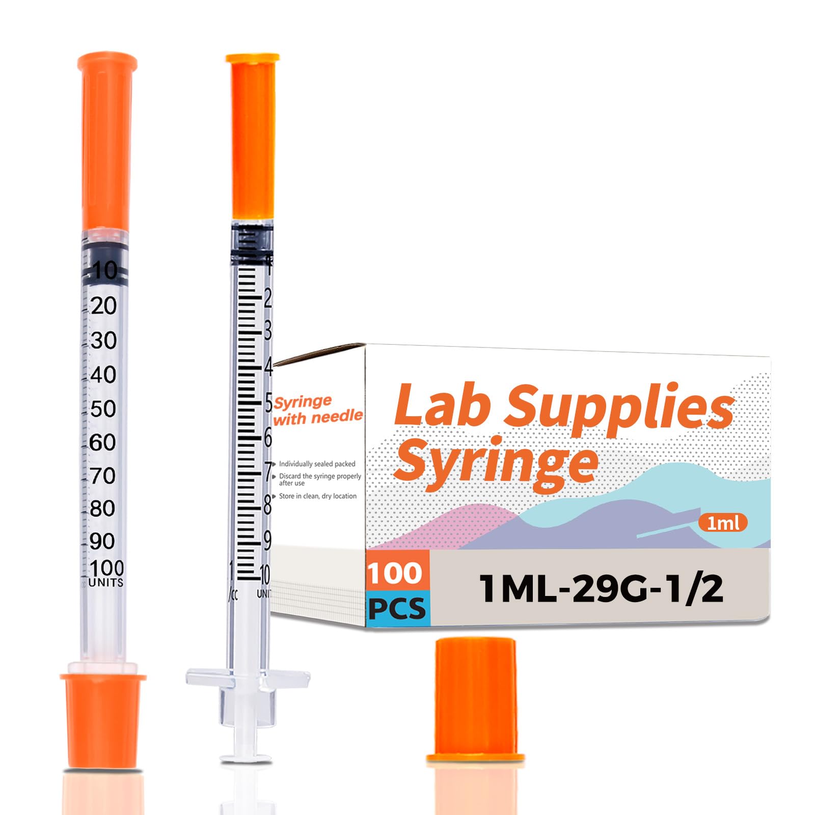 U-100 Syringe 1ml/cc 29G 1/2" Scientific Lab Syringes, Pack of 100, Disposable Individual Package