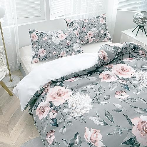 TOPTREE Rose Floral Duvet Cover Full - Aesthetic Garden Pink Floral Bedding Set Modern Trendy Flower Bed Set with Botanical Leaf for Women Aldult(Grey, Full)