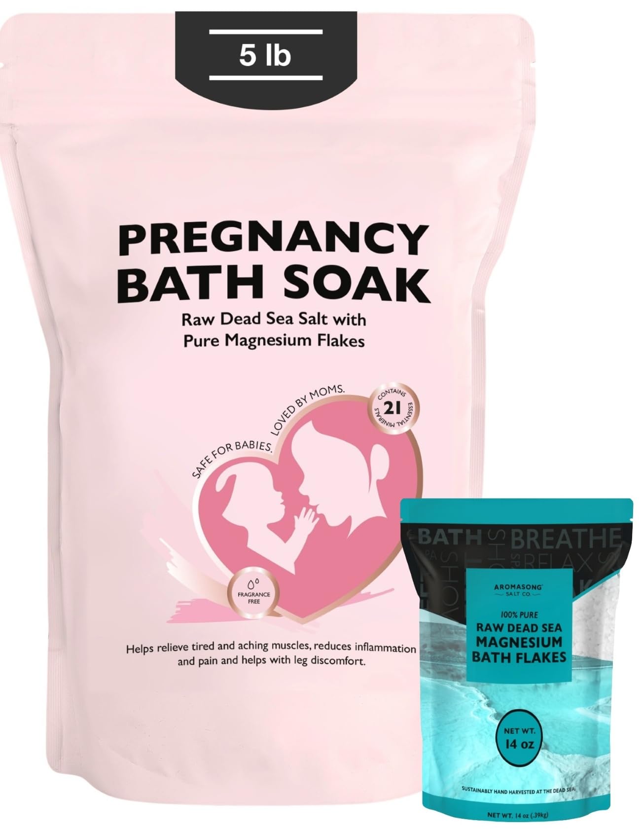 Aromasong Unscented Dead Sea Pregnancy Bath Soak 5 lb + Magnesium Flakes 14 oz Bundle – Gentle Skin Care, Muscle Relaxation & Mineral Support for Expecting Mothers and Sensitive Skin