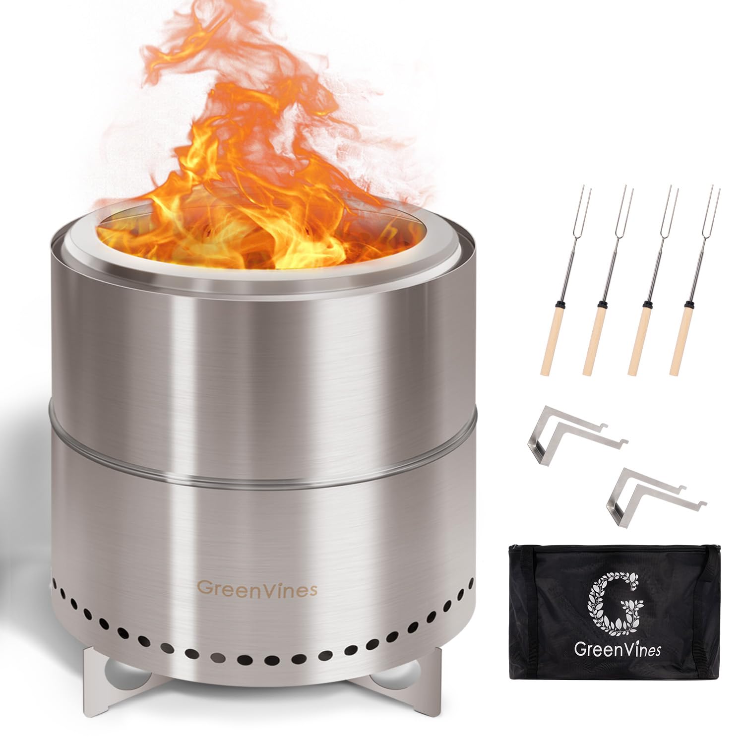 GREENVINES Smokeless-Fire-Pit | 15-Inch | 304 Stainless-Steel-Firepit | Portable Outdoor Pits with Stand for Camping | Bag & Sticks & Holders | Solo Wood Burning Bonfire | Low Smoke Stove