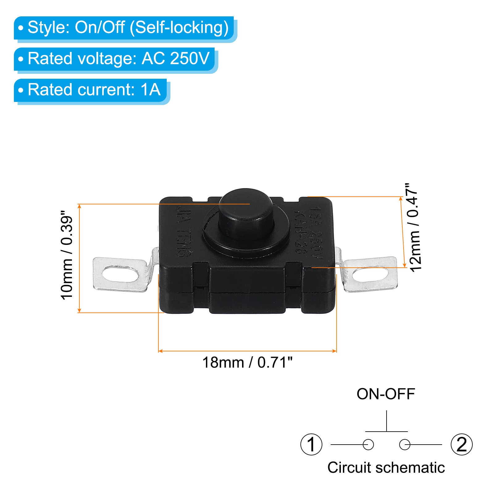 PATIKIL Latching Push Button Switch, 50 Pcs KAN-28 Flat Pin with Hole On/Off Self-Lock AC 250V 1.5A Micro Switch for Flashlight Light Wall Outlet, Black