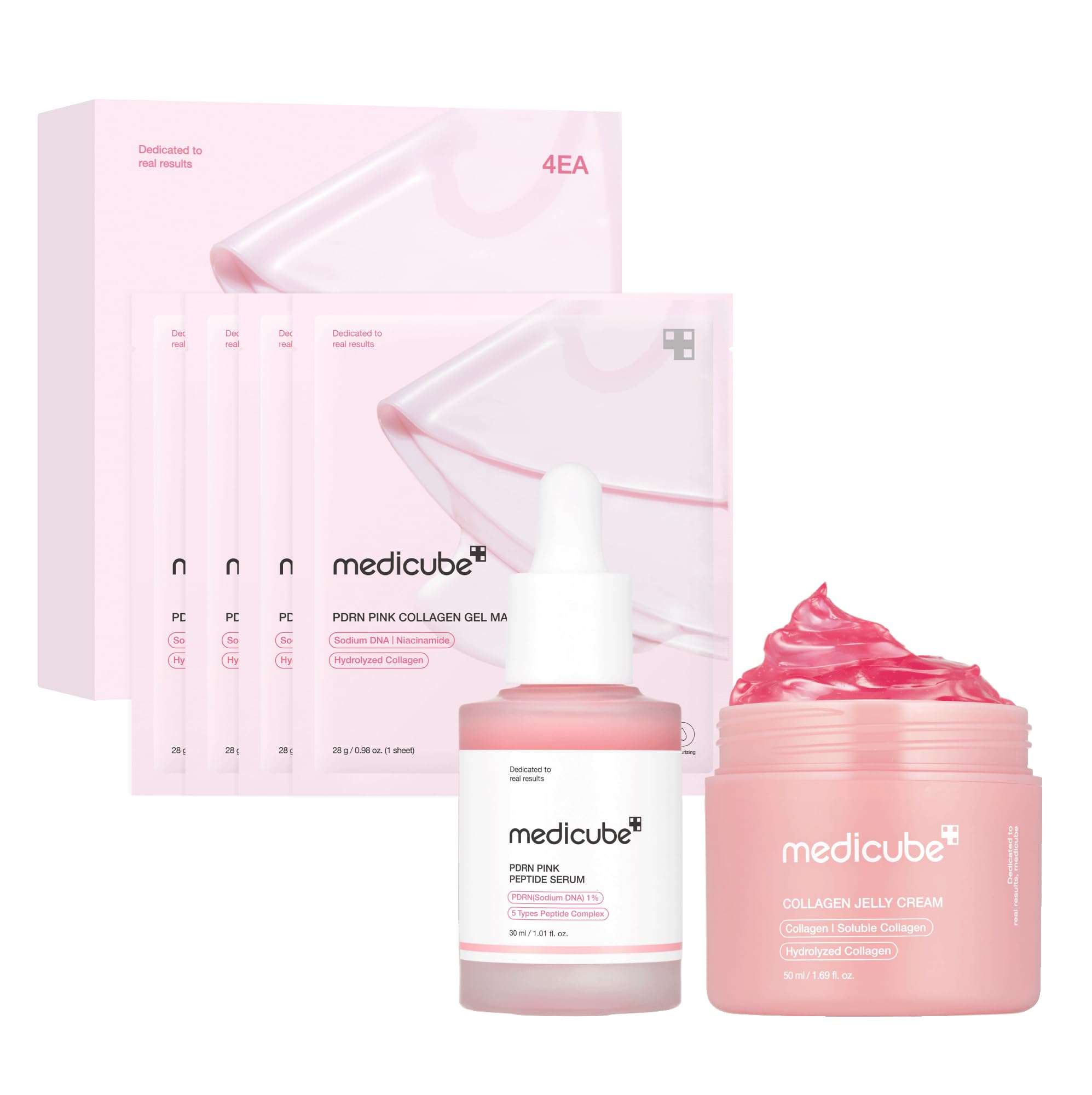 medicube Pink Glass Glow Skin Trio: Salmon DNA PDRN pink collagen jelly gel mask (4ea) and PDRN Pink Peptide Serum, glow serum and Collagen Jelly Cream 50ml