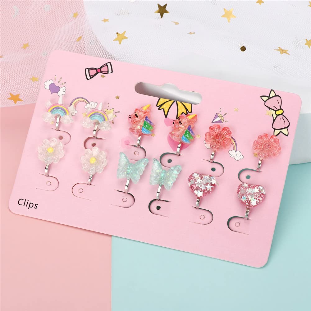 6Pairs Crystal Unicorn Clip On Earrings for Little Girls, Rainbow Earrings Butterfly Earrings Toddler Girls Dress Up Jewelry