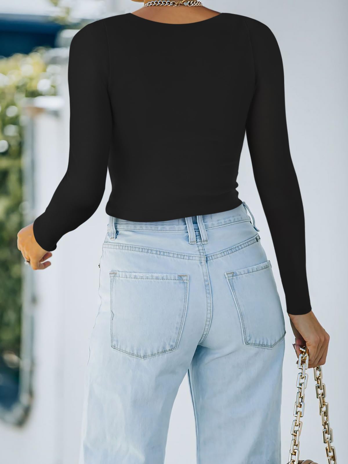 REORIA Women's Fall Casual Basic Long Sleeve Crew Neck Double Lined Crop Tops Y2K Trendy Tight Cropped T Shirts Plus Size Black X-Large