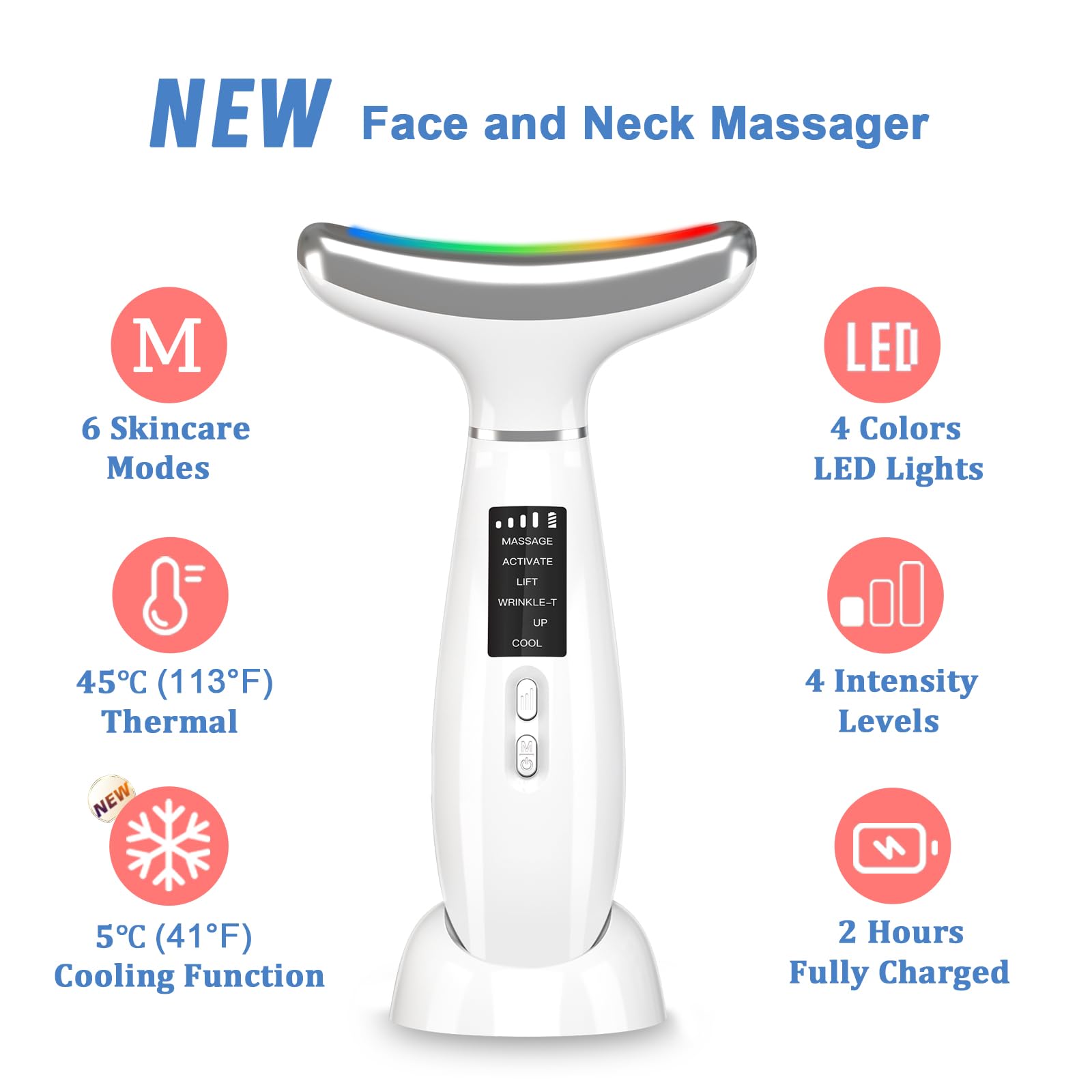 MASIKE Neck Face Beauty Device, Multifunctional Portable Facial Massager, 4 Color Led Face Neck Massager for Skin Care