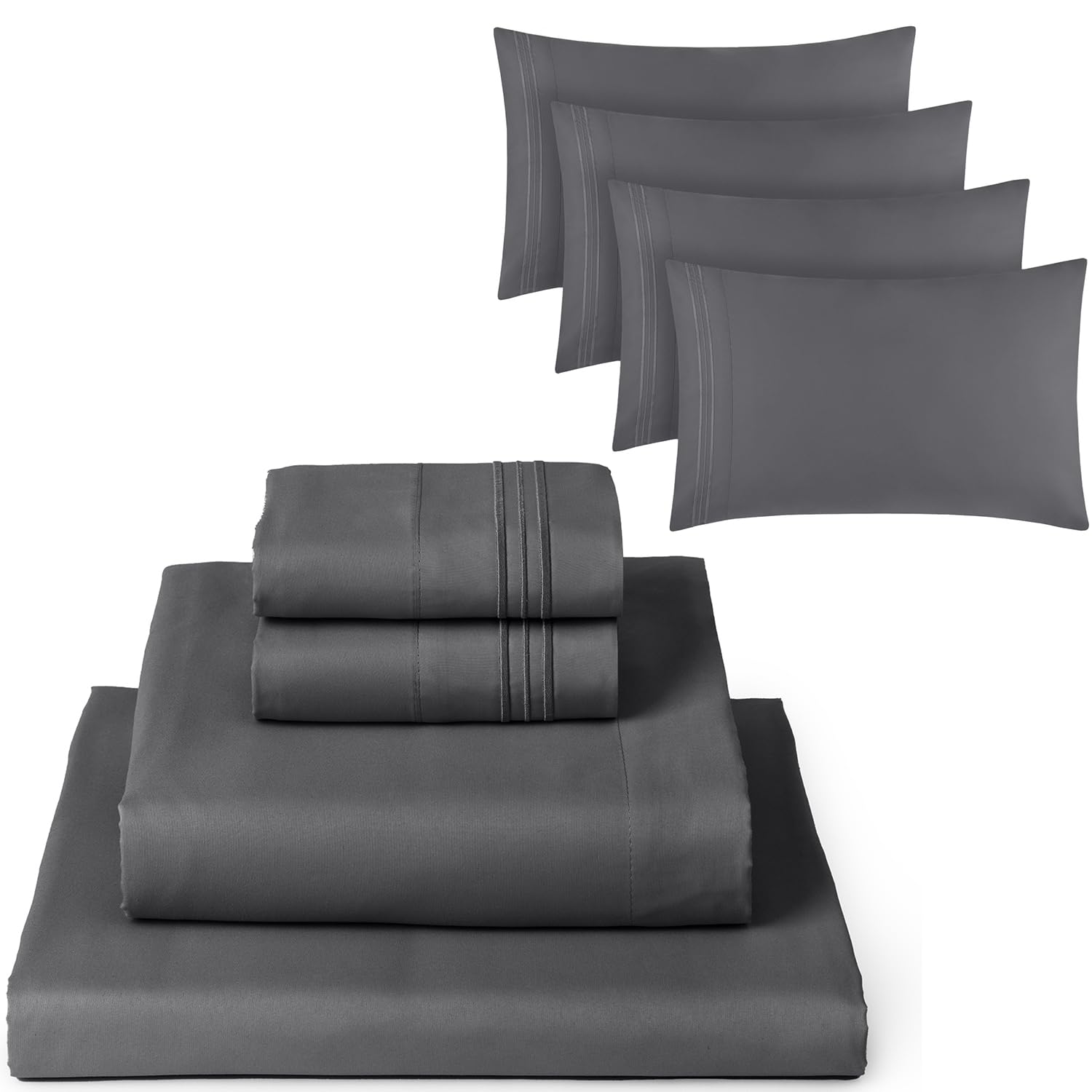 Mellanni 4PC Bed Sheet Set + 4 Pillowcases Bundle&Save - Iconic Collection Bedding - Bundle Includes: 1 Flat Sheets, 1 Fitted Sheet and 6 Pillow Cases (Queen, Gray)