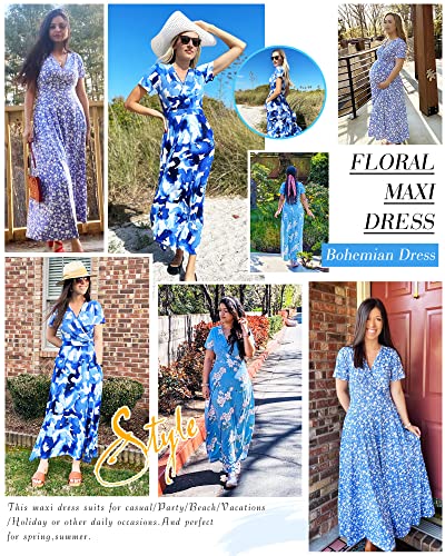 AUSELILY Maxi Dresses for Women Ankle Length Floral Print Beach Long Flowy Dress with Pockets Yellow Green Leaves M