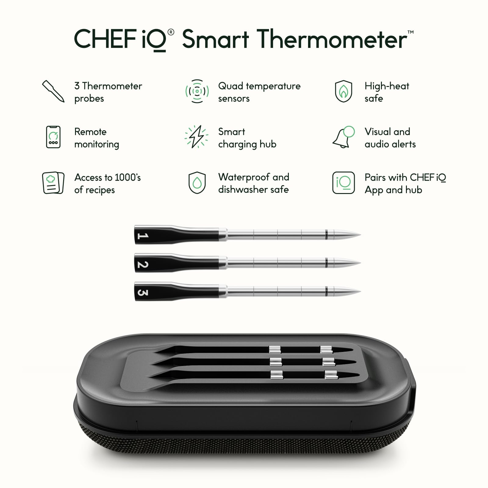 CHEF iQ Smart Wireless Meat Thermometer with 3 Ultra-Thin Probes, Unlimited Range Bluetooth Meat Thermometer, Digital Food Thermometer for Remote Monitoring of BBQ Grill, Oven