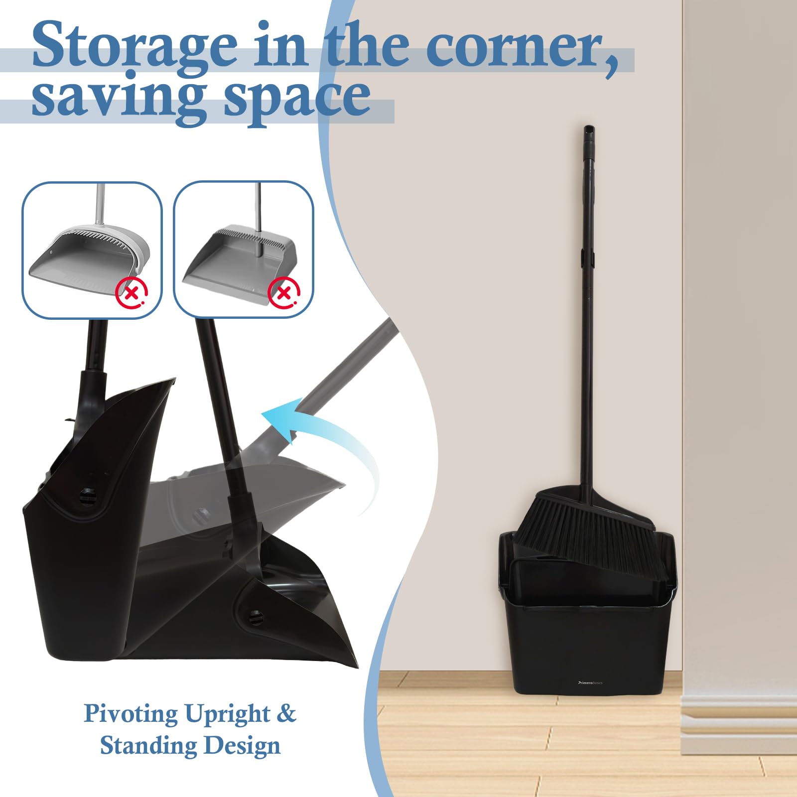 Primero Basics Broom and Dustpan Set with Long Handle and Wheels, Upright Standing Heavy Duty Large Dust Pan and Broom Combo for Indoor Outdoor, Kitchen, Garage, Restaurant Cleaning – Black