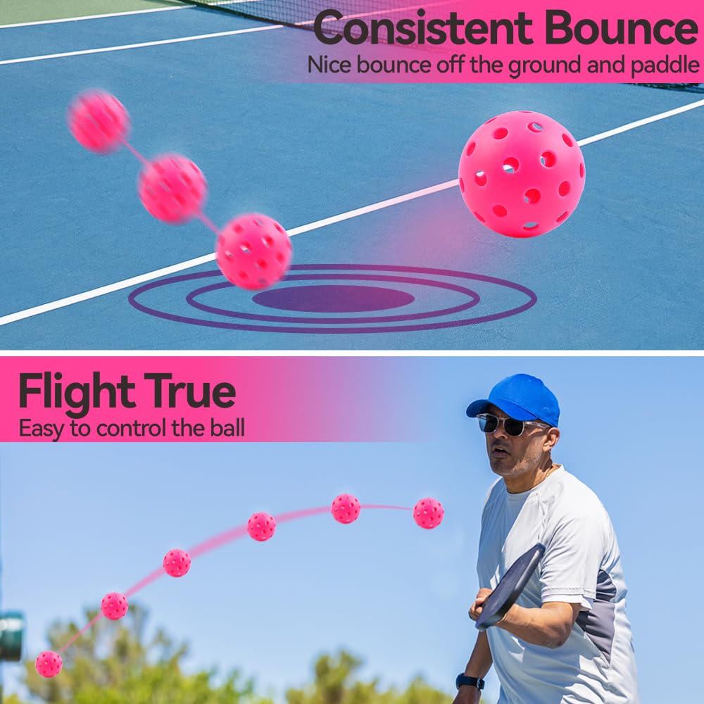 Outdoor Pickleball Balls 40 Holes - 4 Pack USAPA Standard Pink Balls - Pickleball Accessories Set - High Bounce True Flight & Durable Pickle BallsâŠ