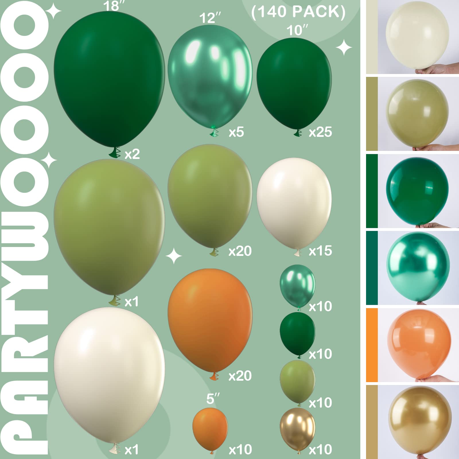 PartyWoo 140 pcs Green Balloon Garland Kit, Pack of Green, Sage Olive Caramel, Nude, Metallic Gold & Dark Balloons for Birthday Decorations, Baby Shower Wedding Decorations