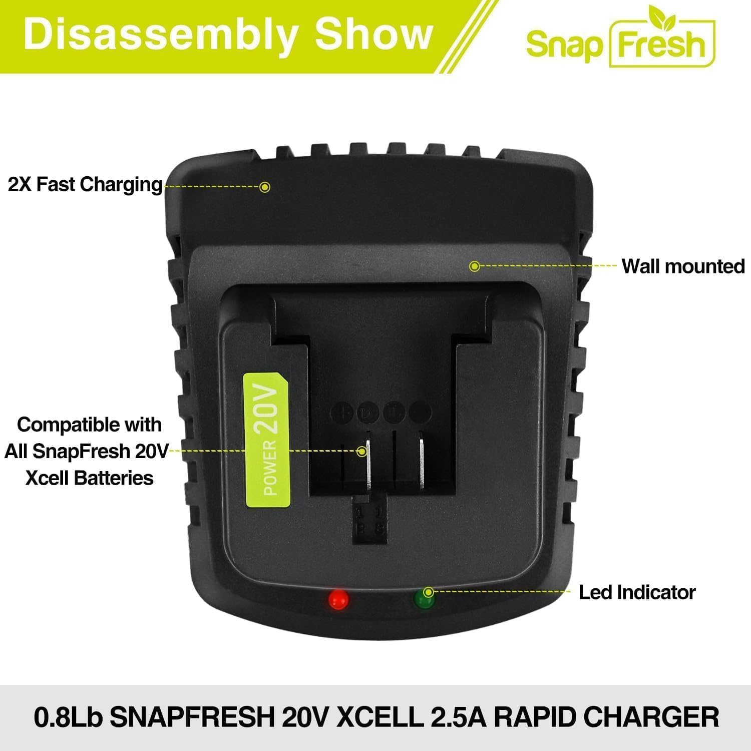 SnapFresh 20V Battery Fast Charger, Only Works with SnapFresh Lithium-Ion Batteries BBT-DC20A & BBT-DC40A, 1 Hour Quick Charge (BBT-YFT20V)