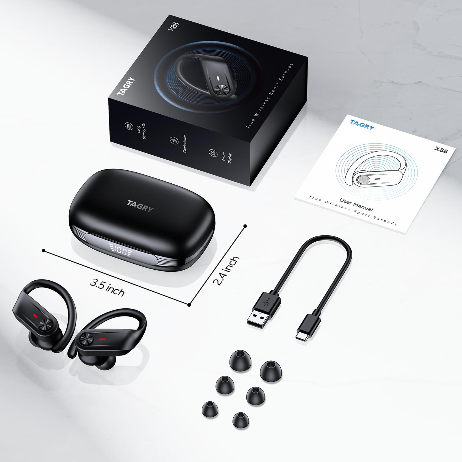 TAGRY Wireless Earbuds Bluetooth 5.4 Headphones 80Hrs Playtime LED Display IPX7 Waterproof Sport Ear Buds with Earhook Mic in-Ear Earphones Stereo Sound Earbud for Workout Running Exercise Gym Black