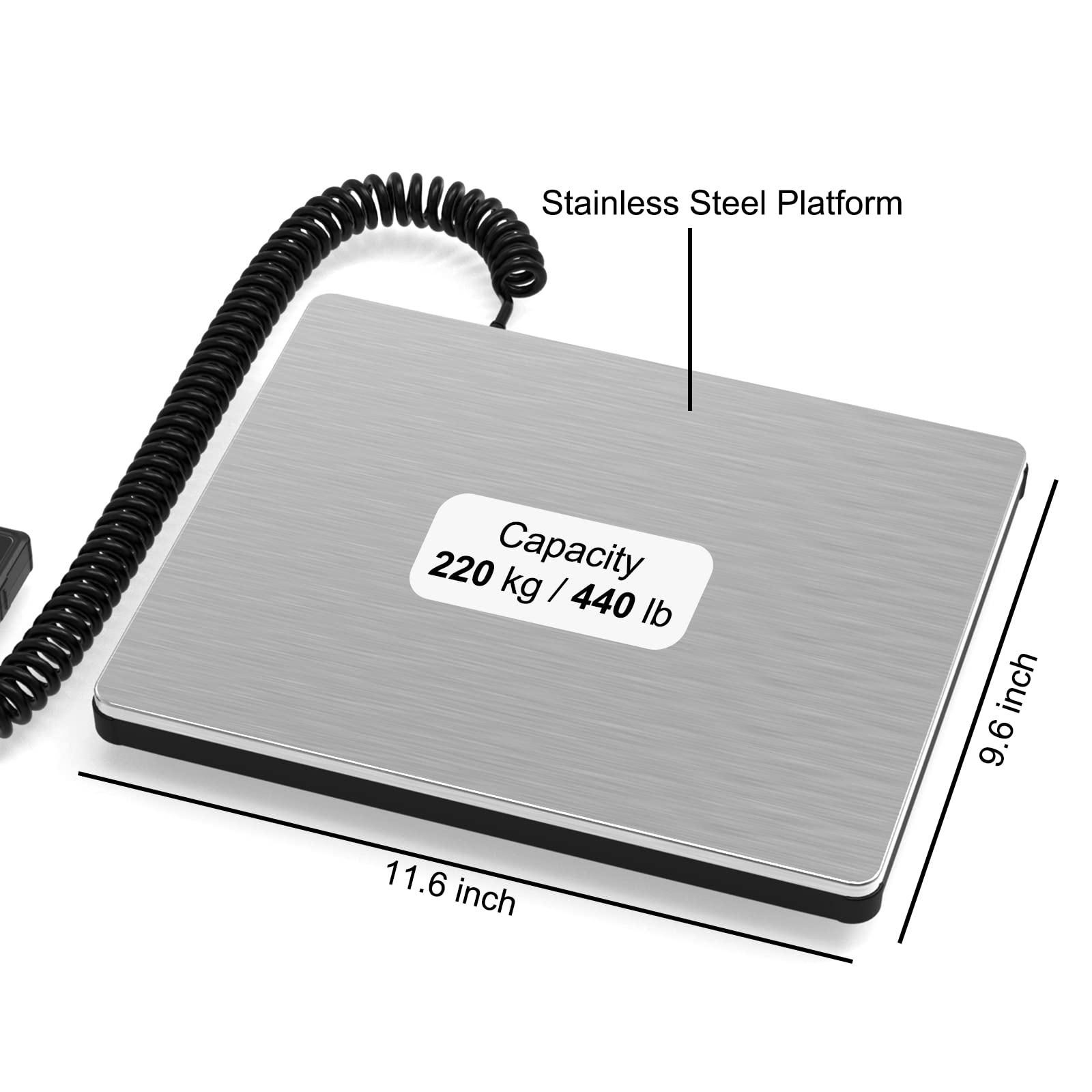 WEIGHTMAN Shipping Scale 440lb (Max.) 5oz (Min.) Heavy Duty Stainless Steel Freight Scale Warehouse Scale Package Scale Farm Scale Industrial Scale Tare/Hold Functions Battery or USB Type-C Powered