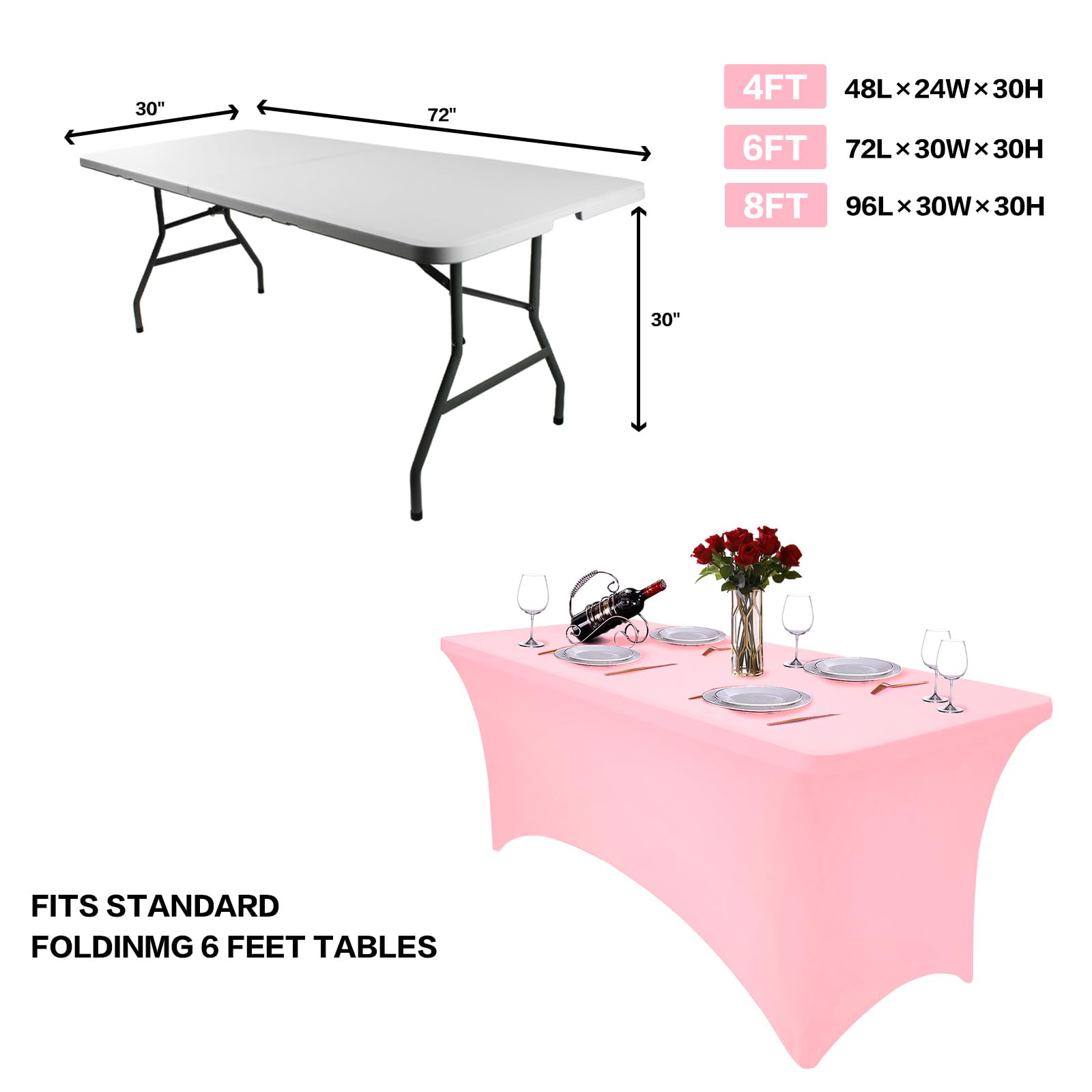 Hussome 4FT Table Cloth for Rectangle Table Light Pink Tablecloth Rectangular Fitted Stretch Spandex Table Covers 4 ft for Birthday, Cocktail, Wedding, Banquet Spring Summer Outdoor Party