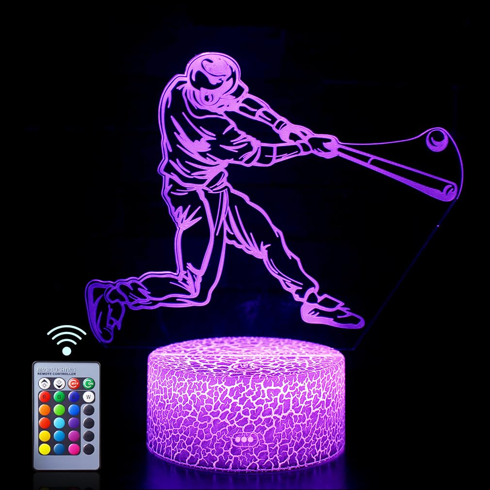 SEVEN LADY Baseball Man 3D Lamp Night Light with Remote & Touch Control,Multiple Colour Brightness Adjusted Batteries Powered Gifts for Boys Girls (Baseball Man-2)