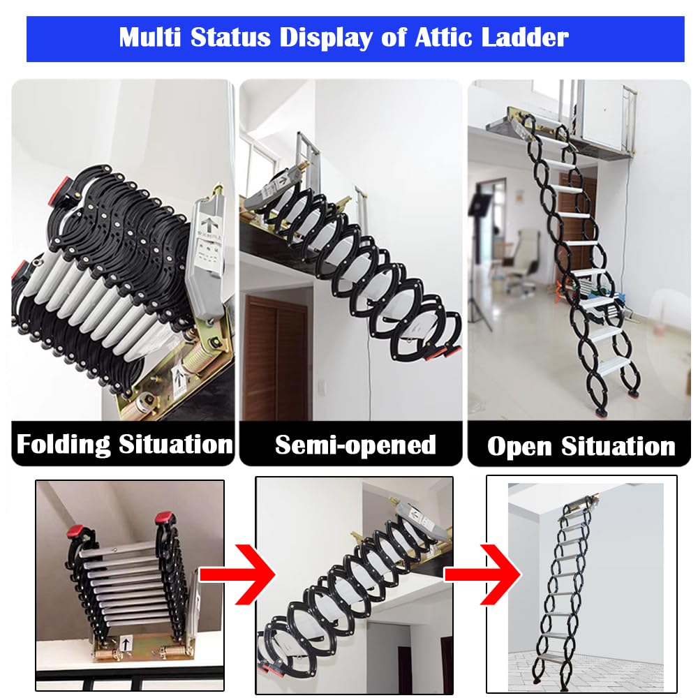 Black Folding Ladder Extension Loft Stairs Narrow Wall-Mounted Attic Loft Stairs Attic Stairs 8.2-9.8ft Vertical Height Pulldown Wall Telescopic Fold Ladder 21.2x5.5in Size, 10+2=12 Steps