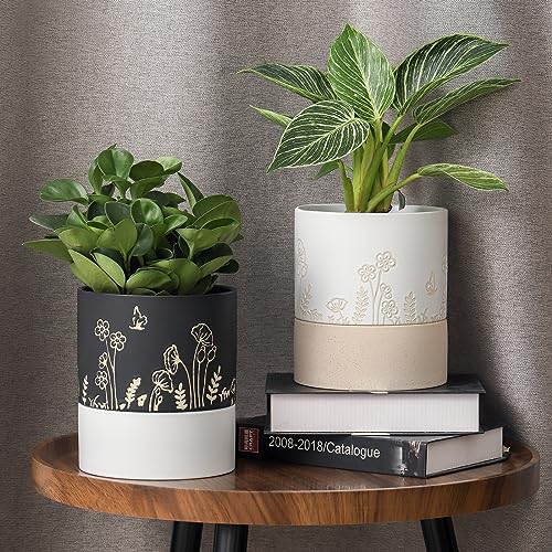 Nihow Self Watering Plant Pot: 6 Inch Ceramic Planter with Drainage Hole & Water Storage Plus for Indoor & Outdoor Plants - Cylinder Round Flower Pot for Succulent/Herbs/Violets -Black