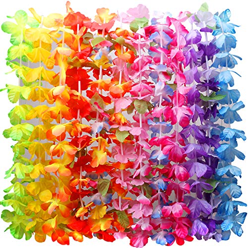 Myamy Hawaiian Leis for Luau Party Decorations: Hawaii Lays Tropical Silk Flower Necklace Bulk Beach Birthday Themed Party Favors Decor Supplies 12 Counts