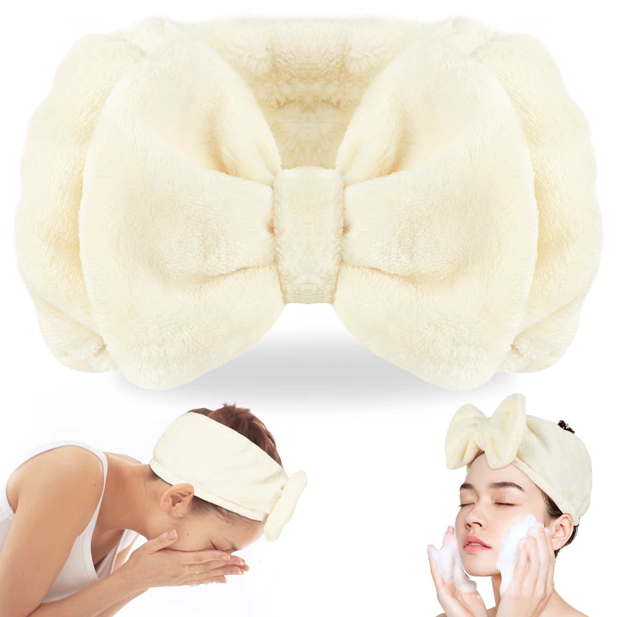Shintop Spa Headband Soft Carol Fleece Makeup Headband with Cute Bow Elastic Hairand for Washing Face Skincare Facial Mask Bath Gift(Creamy White)
