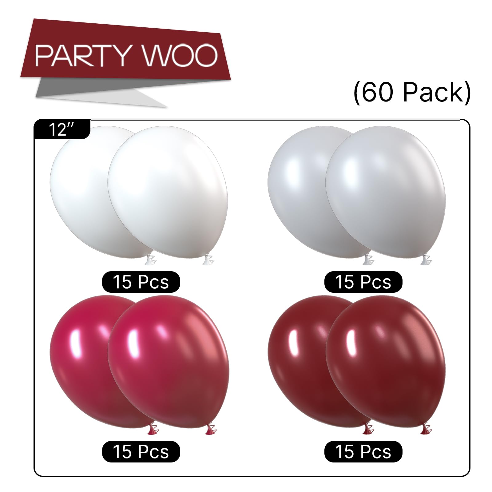 PartyWoo Burgundy Balloons 60 pcs 12 Inch Maroon Gray White Ruby Red Dark Red Grey Helium Balloons for Graduation Christmas Wedding Thanksgiving Memorial Day Baby Shower Birthday Party Decorations