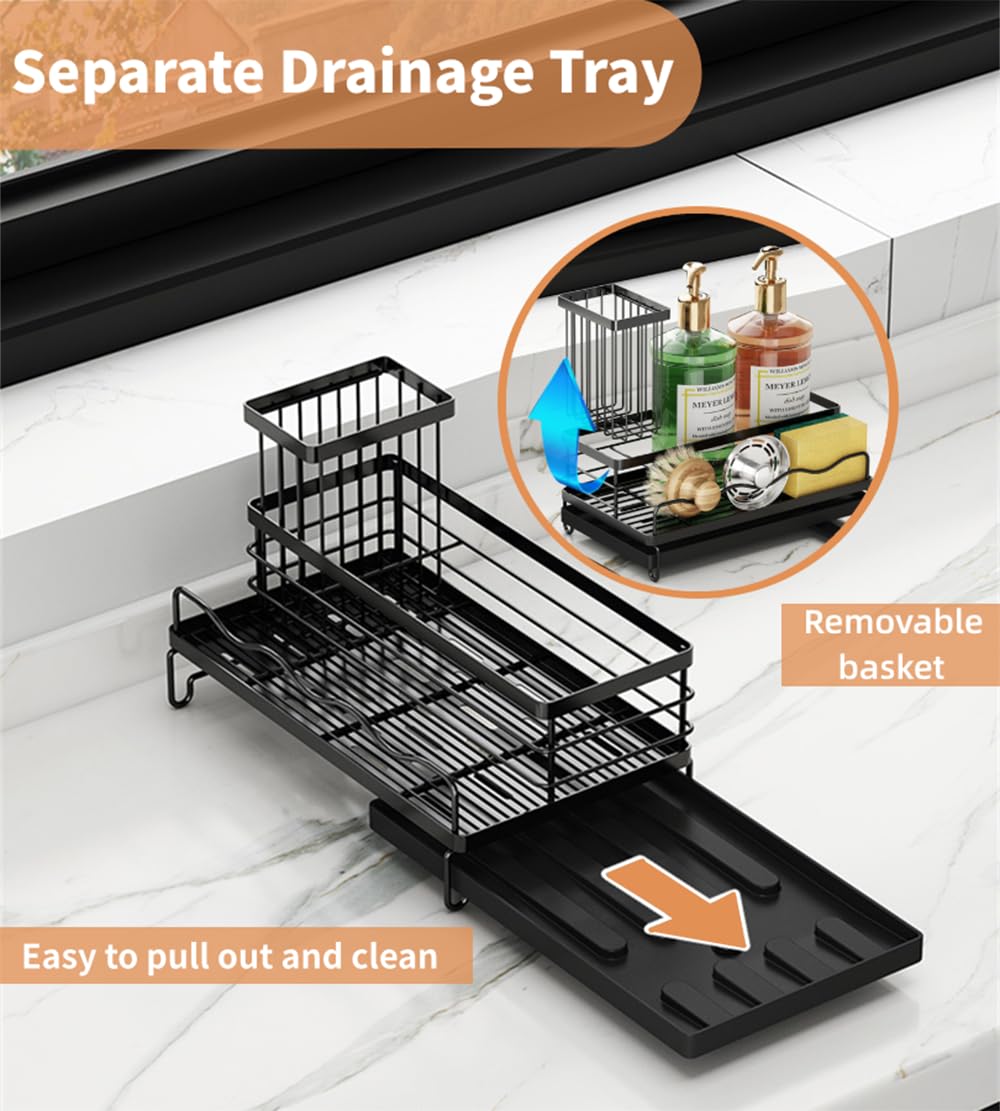 DMJWAN Sink Caddy Kitchen Sink Organizer, 304 Stainless Steel Holder for Sink,Countertop with Removable Drain Tray with Diversion Drainage.