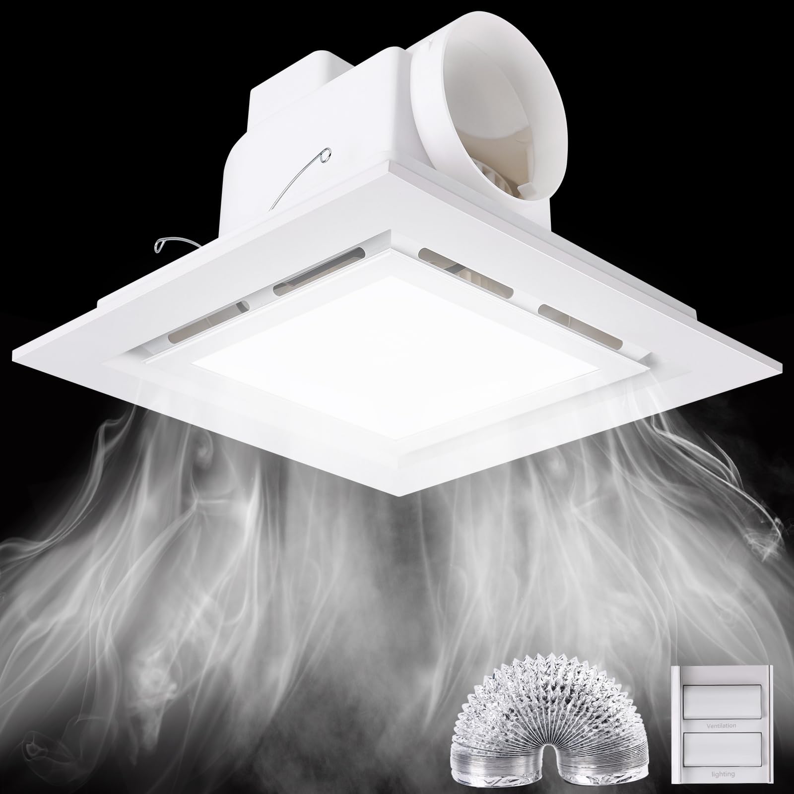 Mmucco Bathroom Exhaust Fan with Light,144 CFM 1.0 Sones Double Switch Ultra Quiet Bathroom Vent Fan Square White for Home Bath Office Hotel LED 15w,Fan 35w 110V