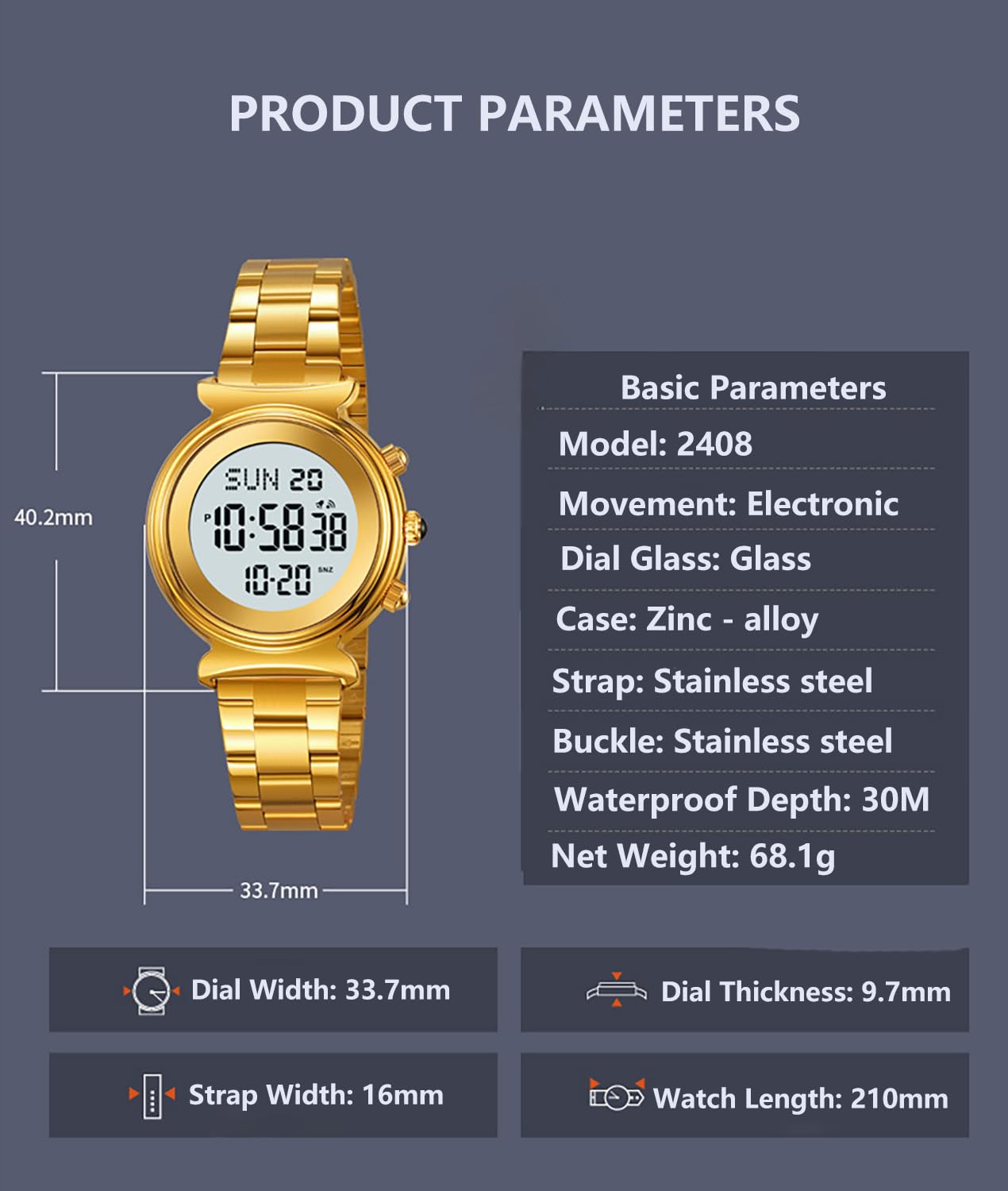 BESTKANG Women's Digital Watch - Stainless Steel, Gold, Waterproof, Dual Time, Date Watch - Women's Business Watch