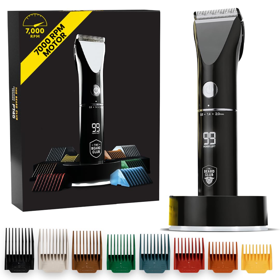 The Beard Club Beard Trimmer for Men - Electric Cordless Rechargeable Beard & Hair Trimmer - High Power 7000 RPM - 8 Color Guides 45 Unique Trim Lengths - Travel Lock