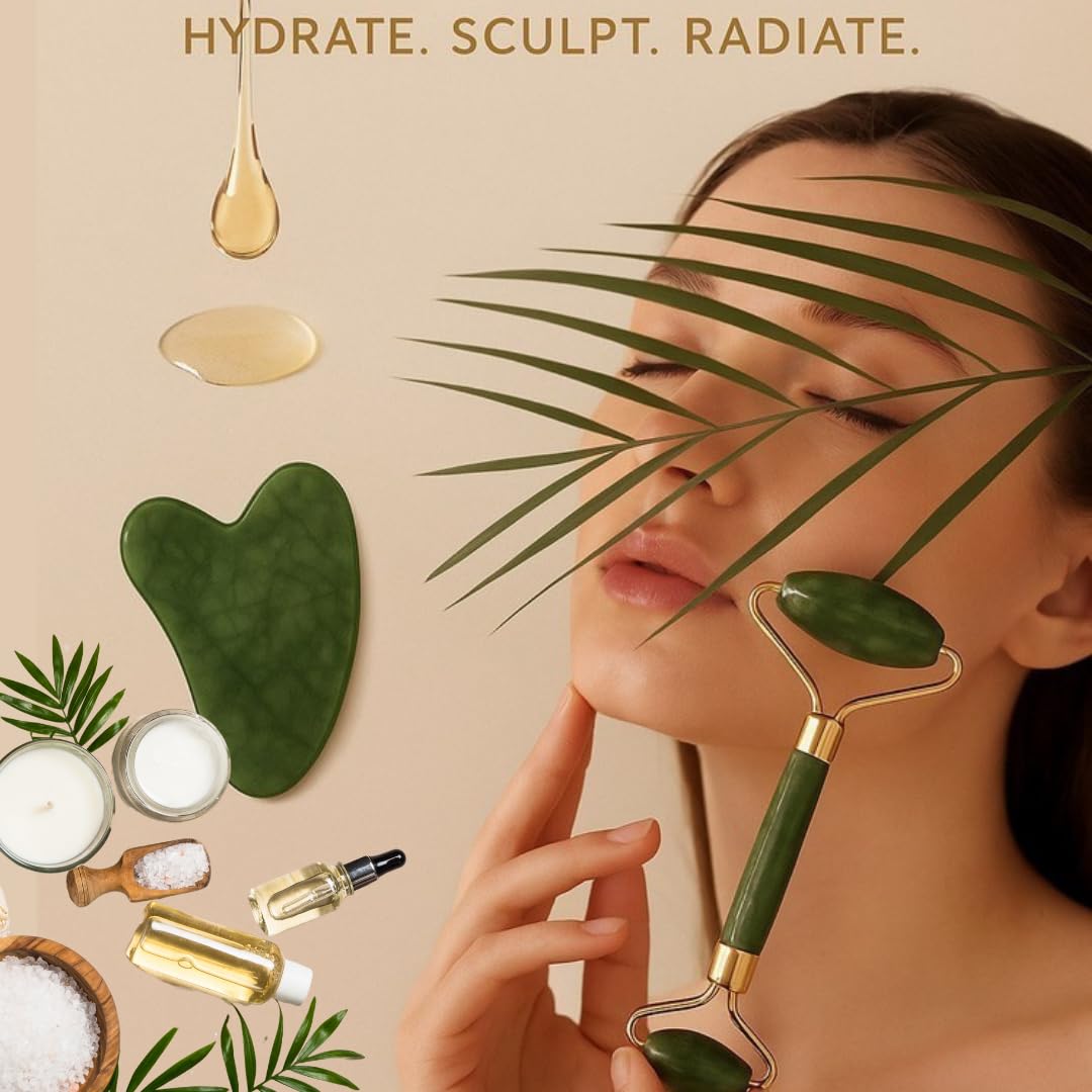 Gua Sha Facial Tool and Jade Roller Set –Anti-Aging Tools for Lymphatic Drainage, Puffiness, Wrinkles, and Relaxation – Skincare Tool for Face and Neck (Dark Green)
