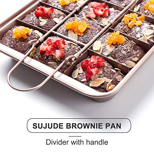 SUJUDE Nonstick Brownie Pan With Dividers and Cutters - Make 18 Pre-Cut Brownies at Once - Perfect Individual Baking Pan With All Edges