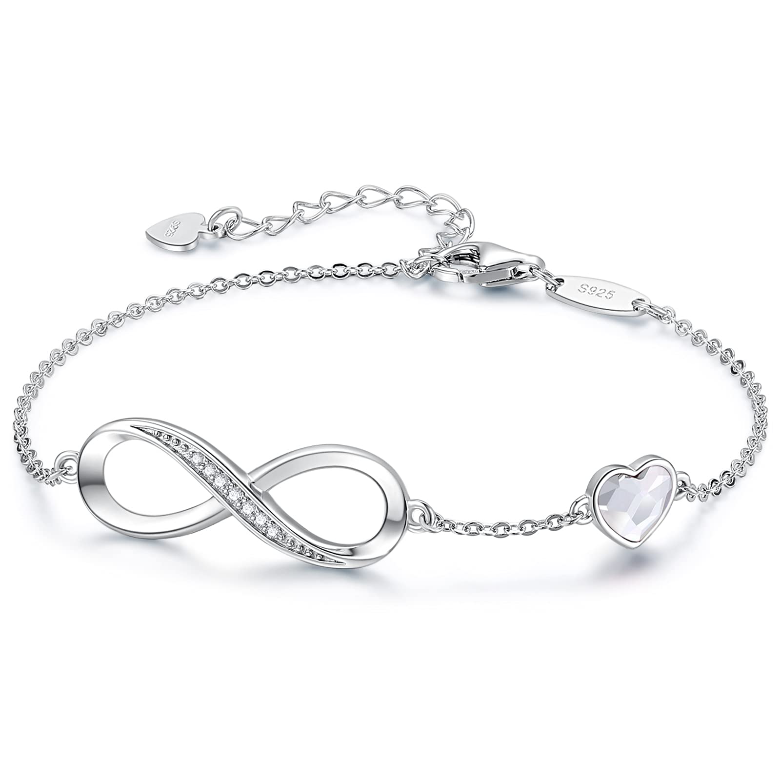 CDE Infinity Heart Birthstone Charm Link Bracelet for Women 925 Sterling Silver Adjustable Christmas Mother's Day Gift Anniversary Jewelry Birthday Gifts for Women Wife Girlfriend Her