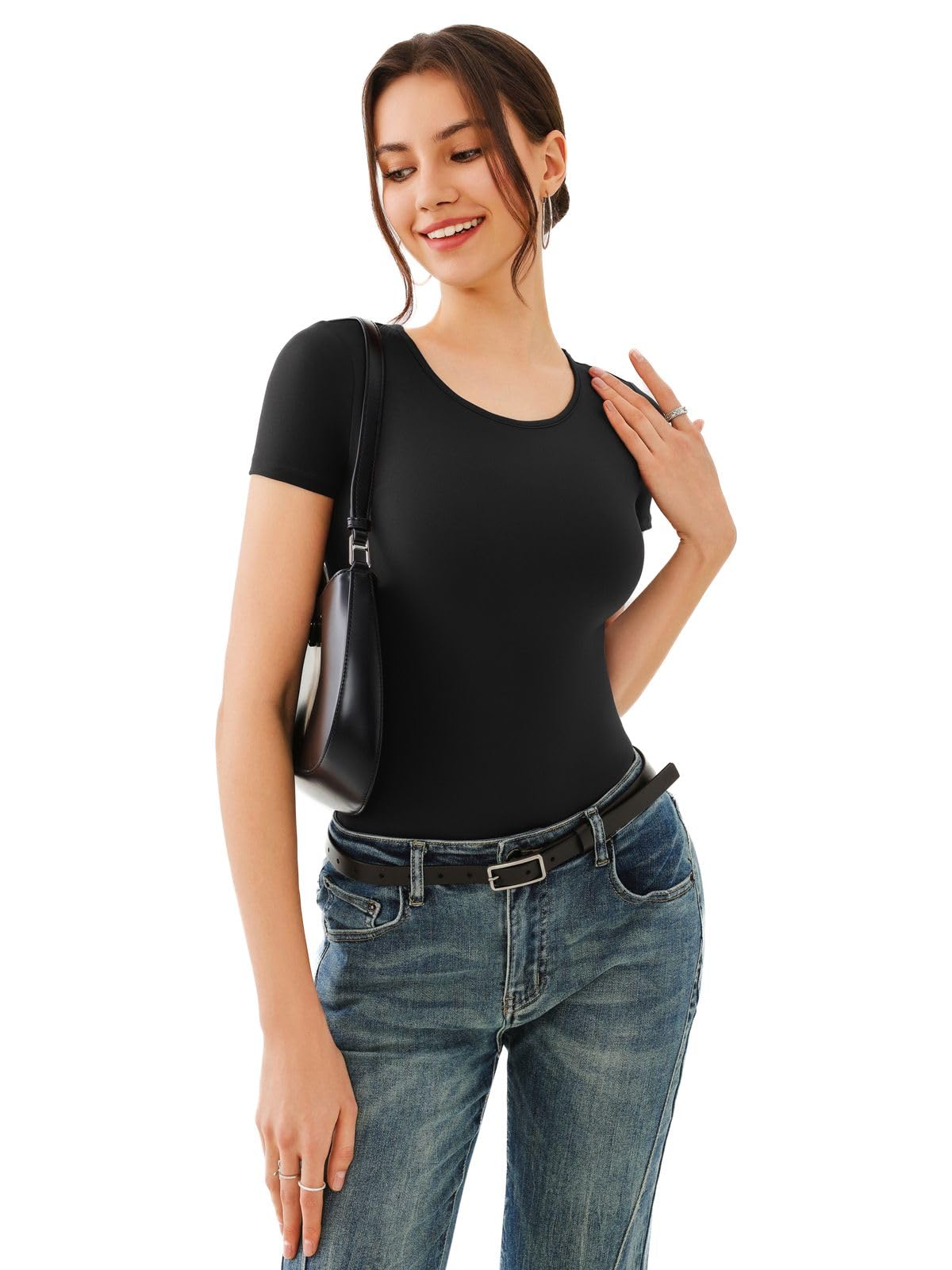 REORIA Black Double Lined Basic Bodysuits Short Sleeve Body Suits Trendy Summer Outfits Tops for Women 2025 Medium