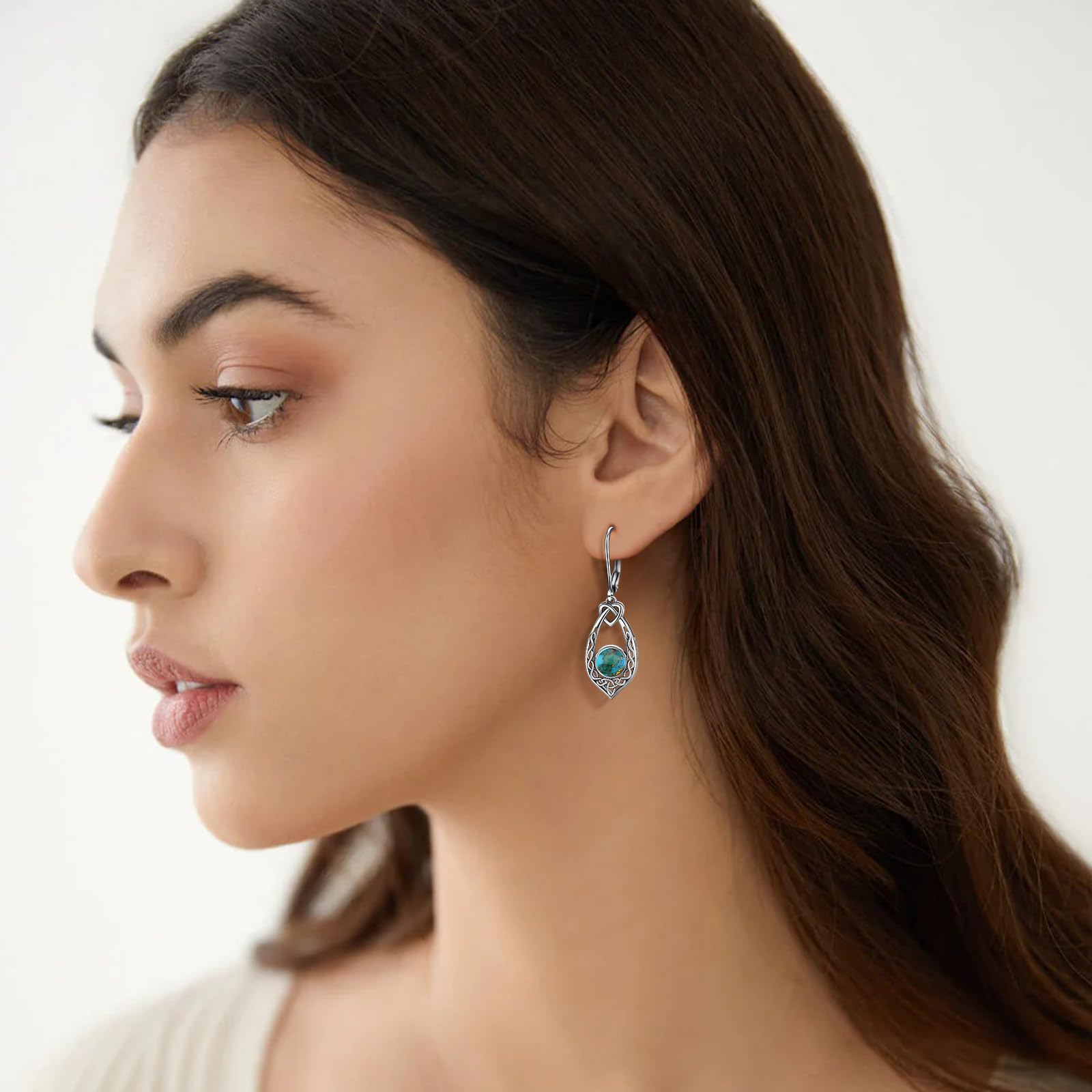 Yaresul Celtic Knot Turquoise Earrings for Women, Vintage 925 Sterling Silver Turquoise Dangle Earrings Celtic Knot Leverback Earrings Valentines Earrings Gifts