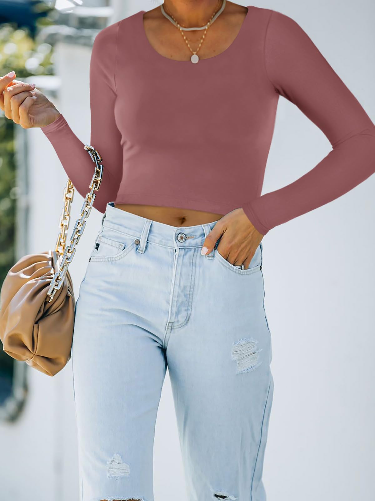 REORIA Women's Cute Long Sleeve Crew Neck Double Lined Going Out Crop Tops Fashion Tight T Shirts Slim Fit Basic Tee Tops for Teen Girls Masala Small