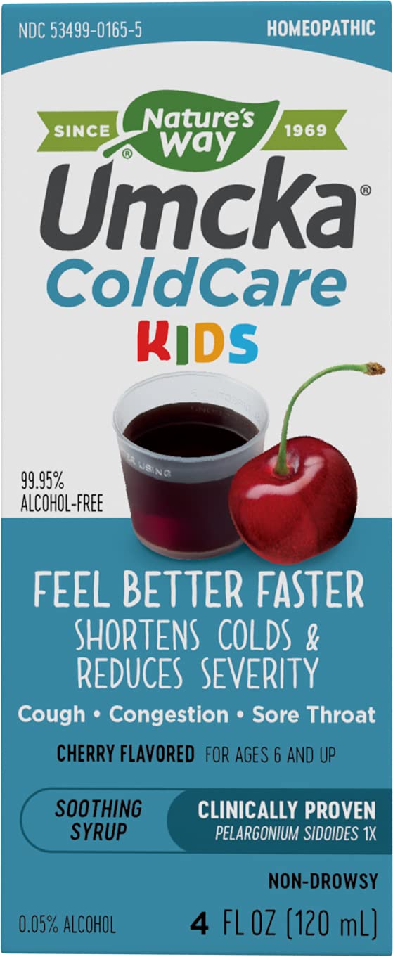 Nature's Way Cold Relief Syrup for Kids 1+, Umcka, Shortens Duration & Reduces Severity, Multi-Symptom Cold Relief, Homeopathic, Phenylephrine Free, Cherry Flavored, 4 Fl Oz (Packaging May Vary)