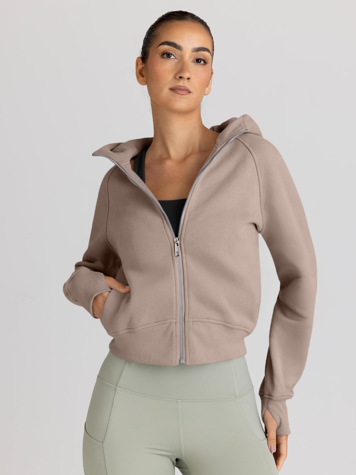 Trendy Queen Womens Zip Up Hoodies Jackets Cropped Sweatshirts Fleece Fall Outfits Casual Comfy Y2k Tops Winter Clothes 2025 CoffeeGrey XL