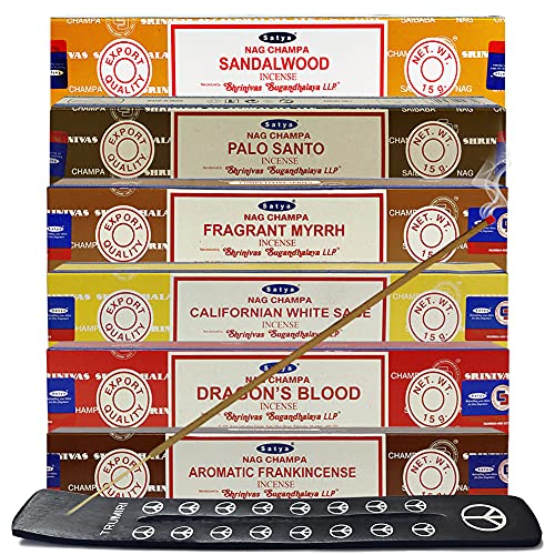 Satya Incense Sticks Variety Pack #10 and Holder Bundle with 6 Classic Fragrances Sandalwood Dragon's Blood Palo Santo White Sage