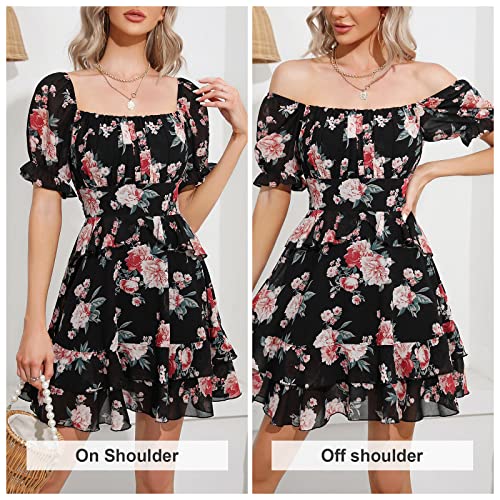 EXLURA Womens Summer Dress Floral Ruffle Tiered Square Neck Sundress Short Sleeve Off Shoulder Smocked Mini Dresses