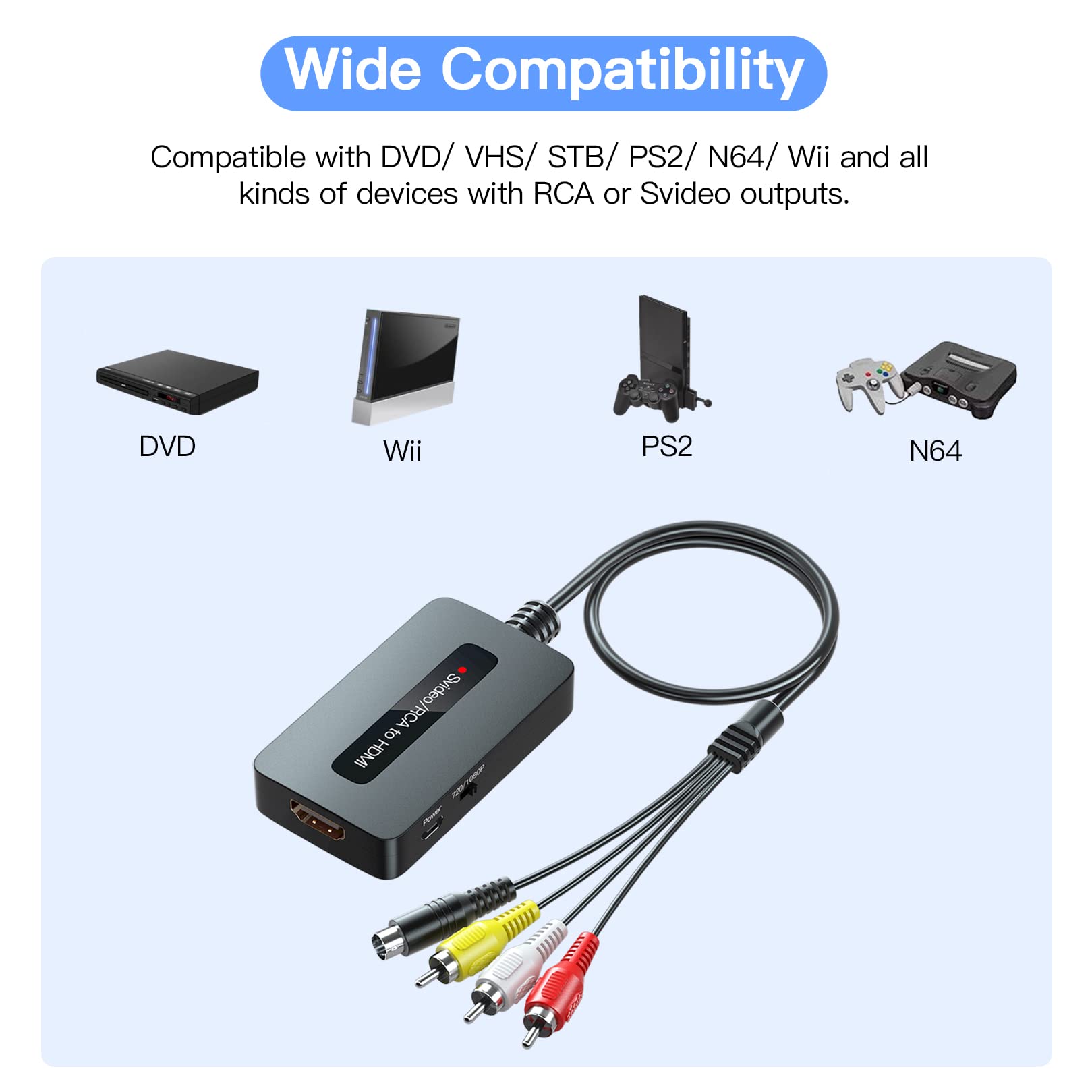 Sedytetoc RCA Svideo to HDMI Converter with HD Cable(RCA and Svideo Integrated), CVBS Composite AV to HDMI Converter
