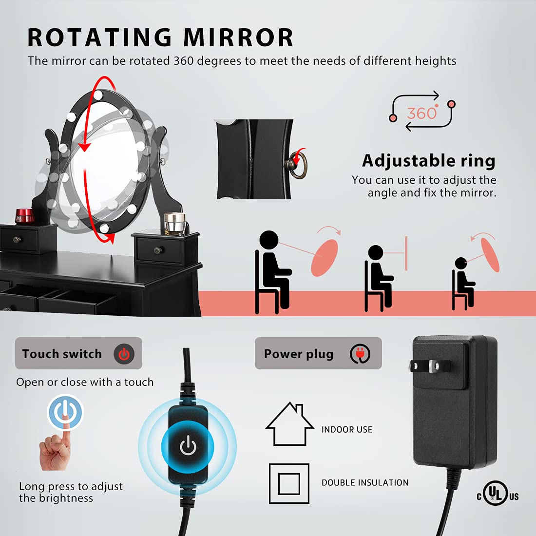 VIVOHOME Makeup Vanity Set with 10 Dimmable LED Bulbs, Dressing Table with 360° Rotating Lighted Mirror and Cushioned Stool, Black