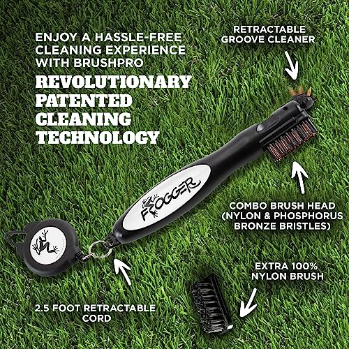 Frogger BrushPro Golf Club Cleaner with Ergonomic Grip and 2.5 ft. Retractable Cord, Gray - Sturdy Golf Club Brush and Groove Cleaner for Golfers