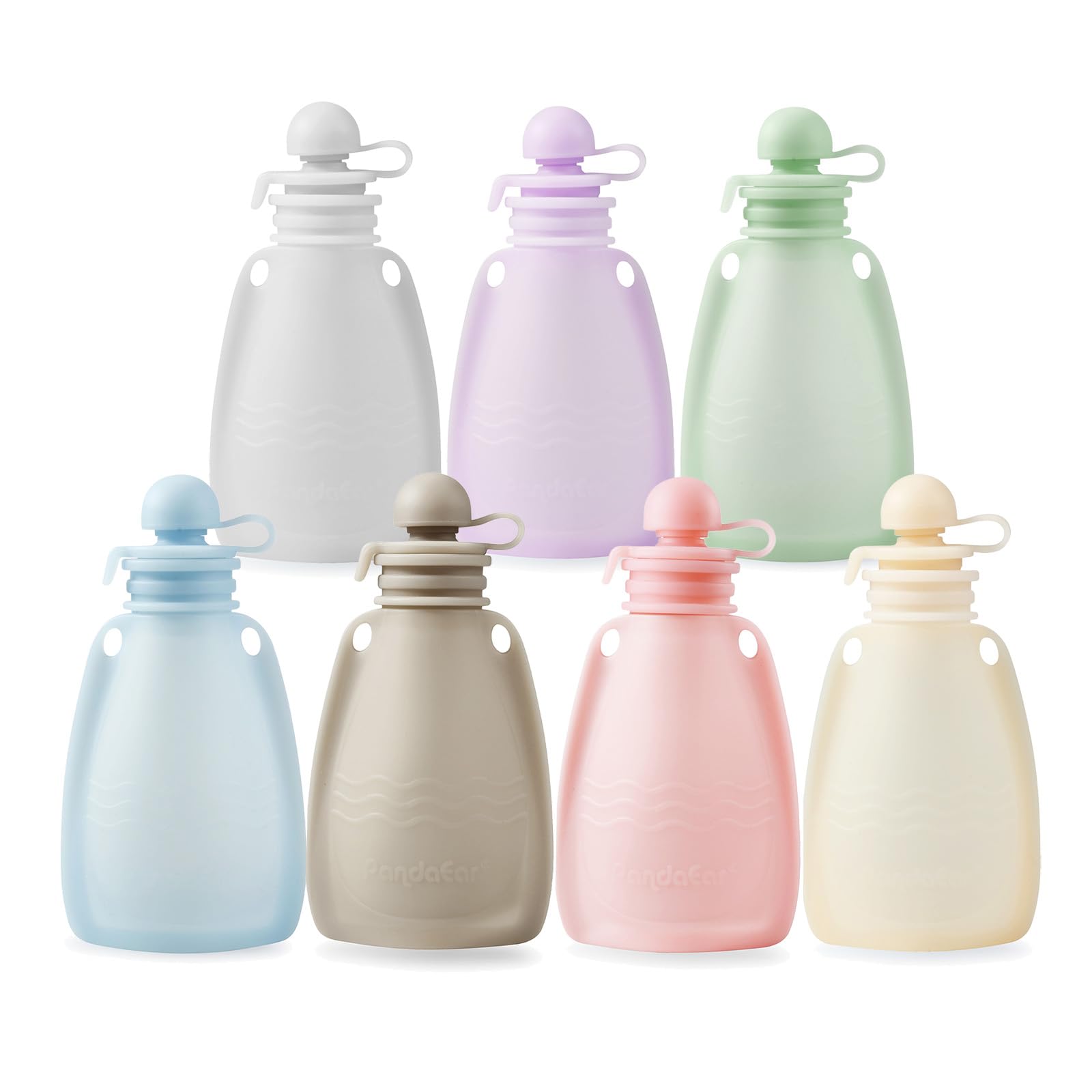 PandaEar Reusable Silicone Baby Food Pouches, 7 Pack Squeeze Pouches for Toddler Kids, BPA-Free Silicone Refillable Baby Food Storage, 5.5 oz /150 ml