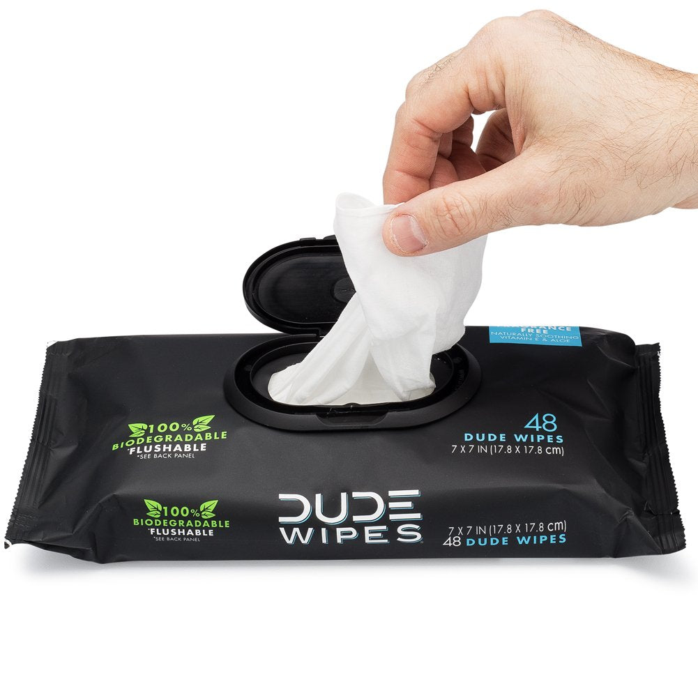 DUDE Wipes Flushable Wipes, Unscented with Vitamin-E & Aloe, 100% Biodegradable, Dispenser (12 Packs, 576 Total Count)