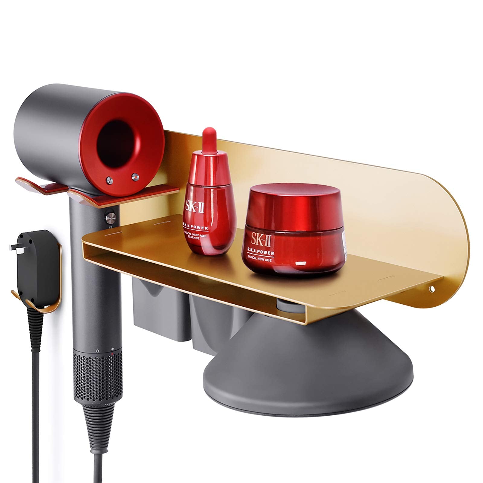 FLE Hair Dryer Holder Wall Mounted with Shelf - Hair Dryer Holder Rack Organizer Compatible for Dyson Supersonic Hair Dryer,Gold