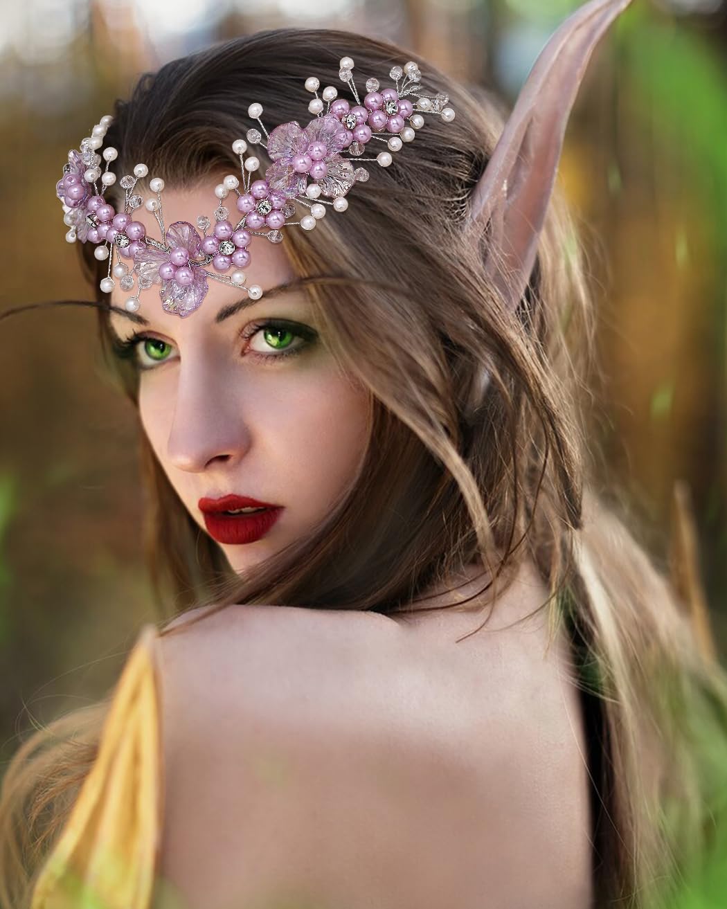 Campsis Fairy Headband Purple Elf Crystal Crown Flower Elven Tiaras V-Shape Bride Hair Accessories Halloween Cosplay Costume Headwear for Women