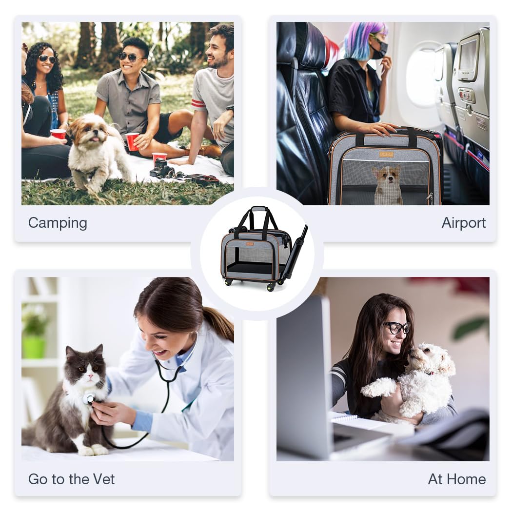 Lekebobor Dog Carrier with Wheels Rolling Pet Carrier Cat Carrier Airline Approved,Wheeled Pet Carrier with Telescopic Walking Handle,Grey