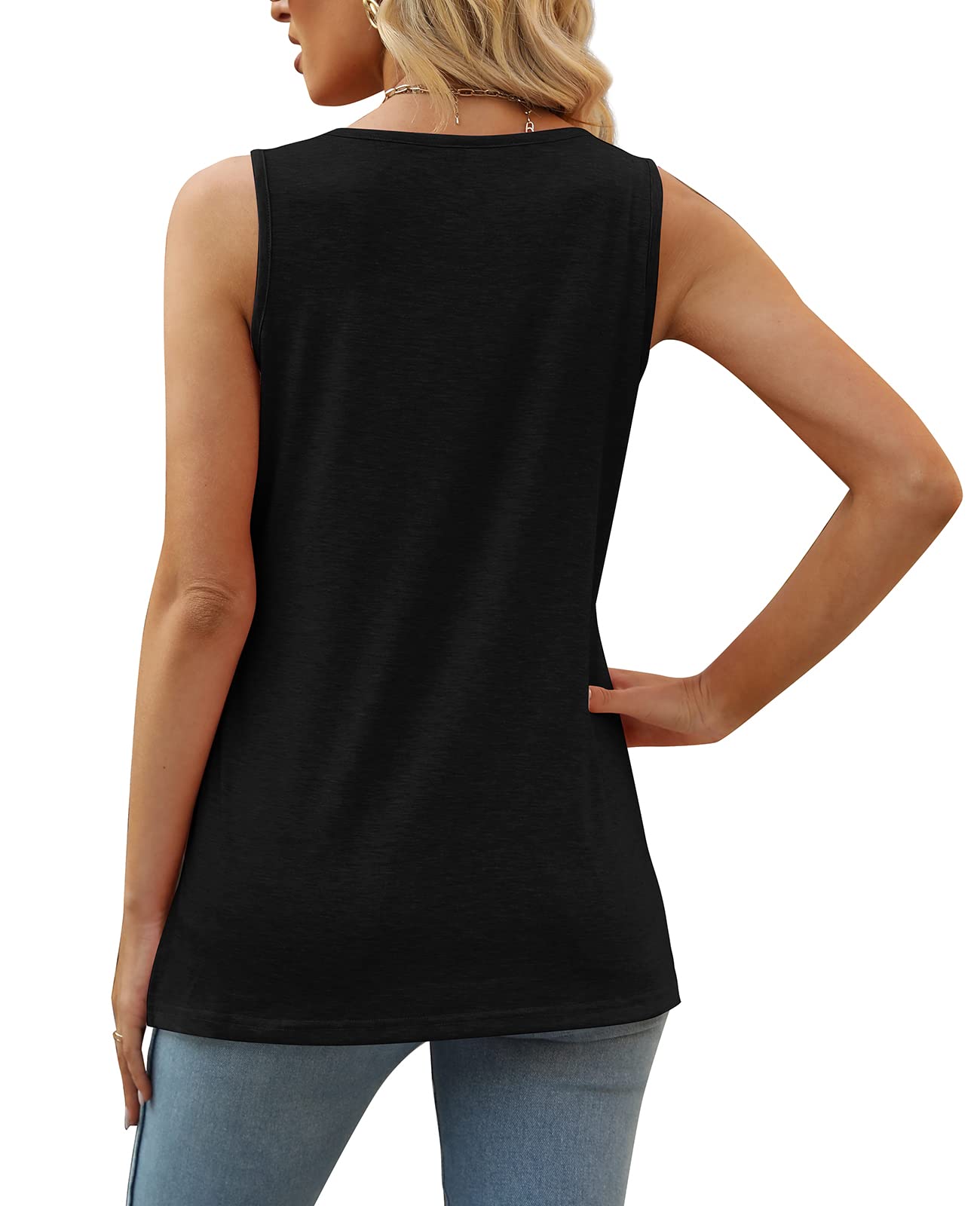 Womens Tank Tops Summer Loose Fit Flowy Square Neck Side Split Sleeveless Black L