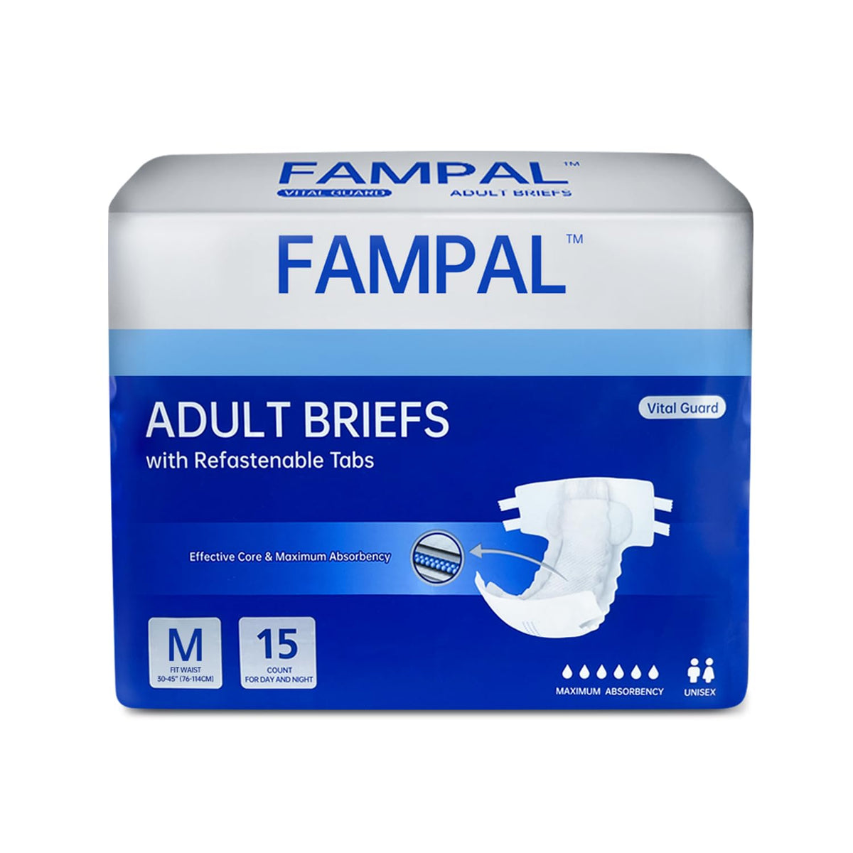FAMPAL Vital Guard Adult Diapers, Disposable Incontinence Briefs with Tabs for Men and Women, Maximum Absorbency, Odor Control, Medium, 15 Count